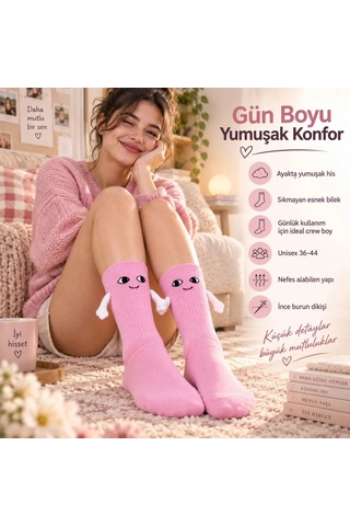 Womanandkids Wak El Ele Tutuşan Mıknatıslı Sevimli Çorap 36-44 - Çift Hediyesi, Pamuklu Renkli Crew Model Pembe