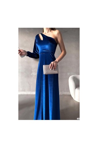 Lior Design Kadın Şık Detay Esnek Kadife Kumaş Tek Omuz Abiye Elbise Saks