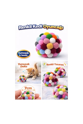 Renkli Ponpon Kedi Oyuncak Topu 7 Cm Yumuşak Sessiz Kedi Oyun Topu