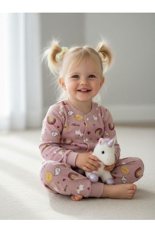 Zekids Kız Bebek Pamuklu Önü Çıtçıtlı Desenli Pijama Takımı-16270 Çok Renkli