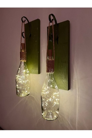 Tıpa Peri Led Işıklı Koyu Yeşil Ahşap Cam Şampanya Şişesi Duvar A Çok Renkli