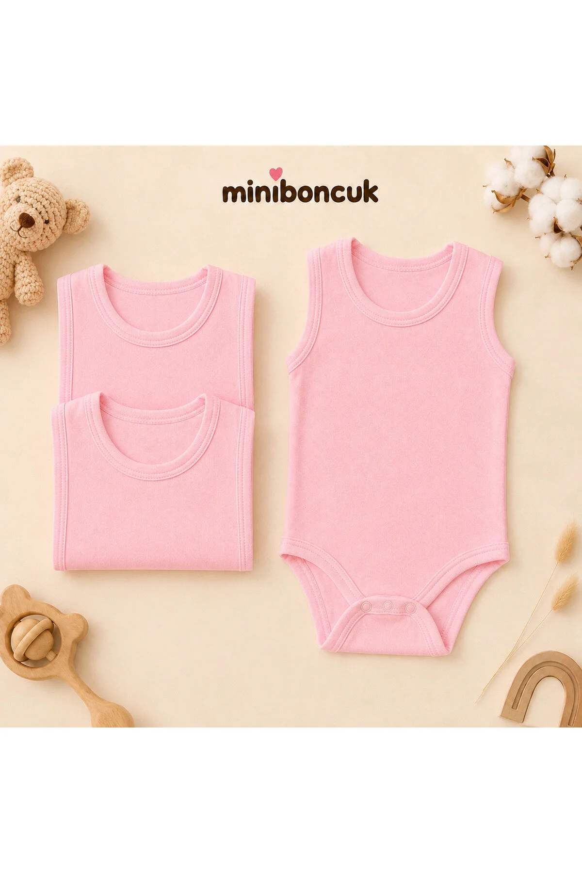 Mini Boncuk %100 Pamuk 3 Lü Pembe Askılı Bebek Body Atlet Seti