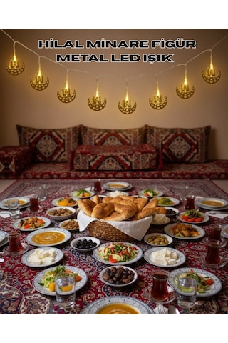 Pilli Minareli Hilal Led Işık Gold Metal Ramazan Dekorasyonu Renkli