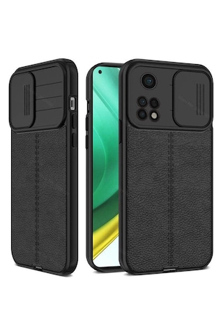 Xiaomi Mi 10t Pro Kılıf Kamera Sürgülü Deri Dokulu Mat Silikon Siyah