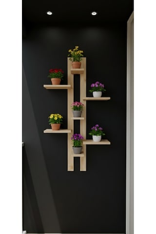 Dekoratif Ahşap Duvar Rafı - 120x50 Cm Çok Amaçlı Saksılık Ve Çiçeklik Standı - Çift Taraflı Bantlı Bej