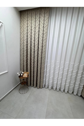 Nivemeshome Ahu 1-0049p Yarı Desenli 1/3 Pileli Tül Perde Apm Ekru