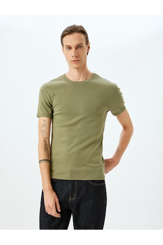 Koton Kısa Kollu Bisiklet Yaka Pamuklu Slim Fit Tişört Khakı 5sam10047hk Haki