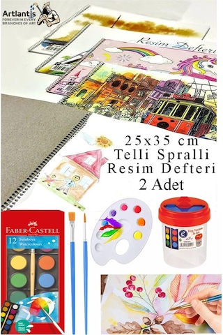 12 Renk Sulu Boya 25x35 Cm Telli Spralli Resim Defteri Resim Paleti Resim Fırçası Temizleme Kabı Suluboya Okul Öğrenci Çok Renkli