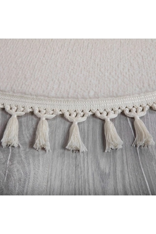 Krem Fluffy Oval Düğüm Saçaklı Post Peluş Halı Kaymaz Taban