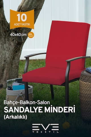 Eve Tekstil Bahçe - Salon - Balkon Arkalıklı Fermuarlı Bağlanabilir Yıkanabilir Sandalye Minderi 10 Adet Kırmızı