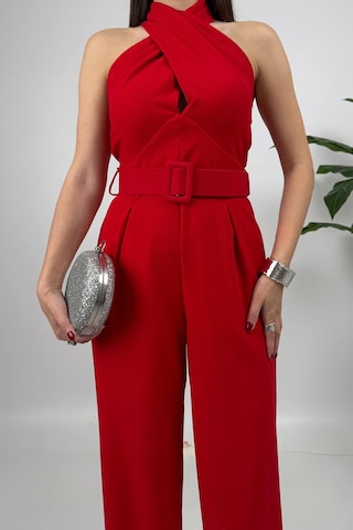 Amber Kadın Kemer Detaylı Askılı Bol Paça Kırmızı Tulum Rahat Şık Yazlık Kombin Kırmızı
