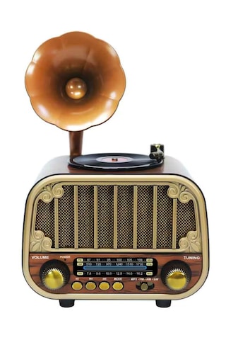 Dexxony Md-1318 Nostaljik Gramofon Görünümlü Şarjlı Bluetooth Radyo Ahşap Retro Hoparlör Fm/am/sw, Usb, Tf, Aux