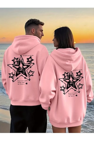 Nevermınd Yıldız Desenli Baskılı Hoodie - Trend Sevgili Kombini Oversize 3 İplik Sweatshirt 2'li Set Pembe Pembe