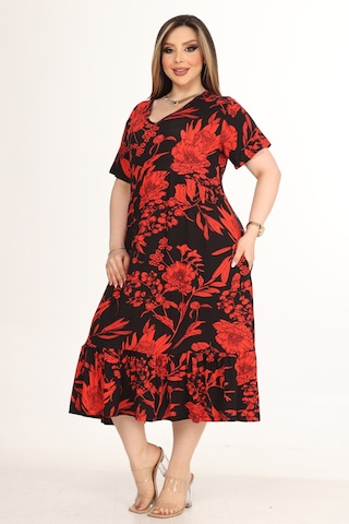 Melsay Butik Göğüsten Robalı V Yaka Kısa Kollu Kırmızı Palmiye Desenli Cepli Elbise Kırmızı