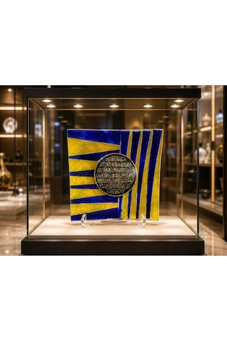 El Yapımı Cam Tabak Ayetel Kürsi Dekoru Füzyon Cam Masa Ofis Süsü Sarı Lacivert 22.5x22.5 Cm