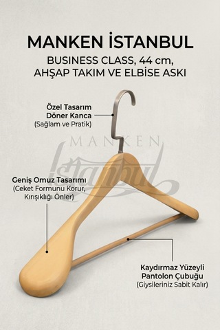 3 Adet Delüks Masif Ahşap Ev Ve İş Yeri İçin 44 Cm Ahşap Ceket Askısı - Ahşap Elbise Askısı Bej