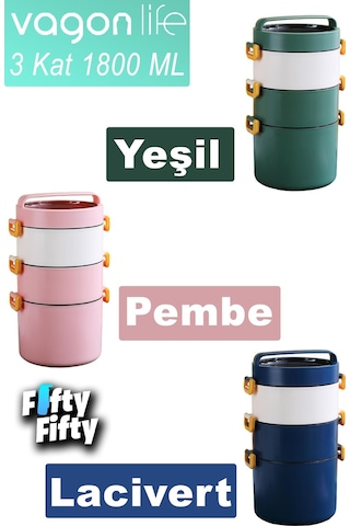 Vagonlife Lunch Box 3 Katlı Büyük Boy 1800 Ml Ofis-okul İçin Yeni Nesil Sefer Tası-fflbox3kat1800ml Yeşil