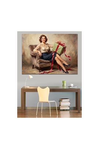 Hediye Paketi Tutan Pin-up Kadın Yağlı Boya Dokulu Kanvas Tablo Canvas Tablosu