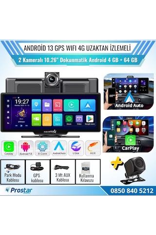 Kayıtlı 2 Kameralı Android 13 Wıfı Gps 4g Uzaktan İzlemeli 4 Gb + 64 Gb Carplay 512 Gb Destekli Tak Kullan Kamera Seti
