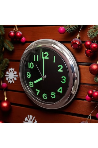 Fosforlu Kromaj Metalik Görünümlü Küçük Duvar Saati Çap 25 Cm Gümüş