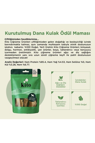 Kito Kurutulmuş Dana Kulak Çiğnemelik Doğal Glutensiz Organik Köpek Ödül Maması 100 G