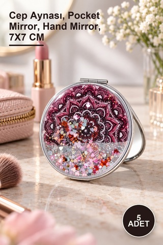 5 Adet Mandala Desenli Hareketli Sulu El Aynası Cep Aynası, Pocket Mirror, Hand Mirror, 7x7 Cm