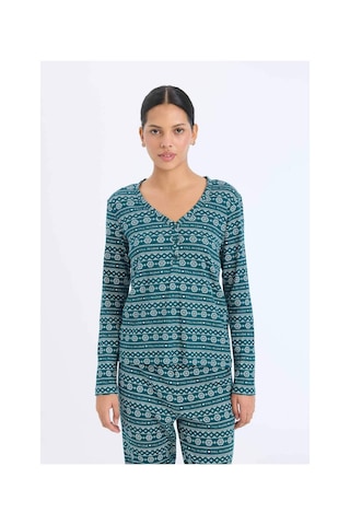 DeFacto Fall in Love Pijama Takımı Waffle Kumaş Uzun Kollu Üst Esnek Belli Uzun Alt D2284AX24WNGN1040 Yeşil