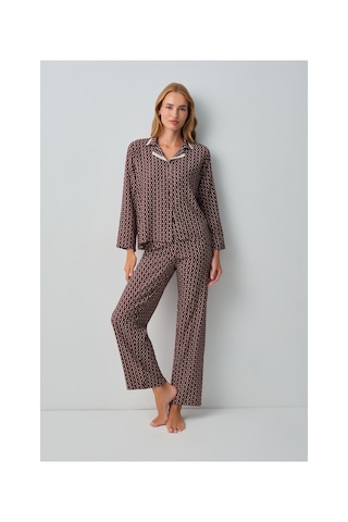 Suwen Arwen Gömlek Yaka Pijama Takımı Wsh10510171662 Bordo Desenli