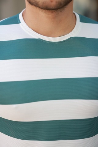 Erkek Çift Renk Pamuklu Örme Kumaş Kısa Kollu T-shirt Yeşil