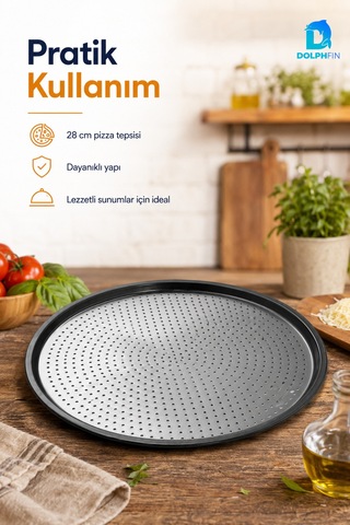 Delikli Pizza Tepsisi 28 Cm Yuvarlak Metal Pizza Pişirme Tepsisi Metalik