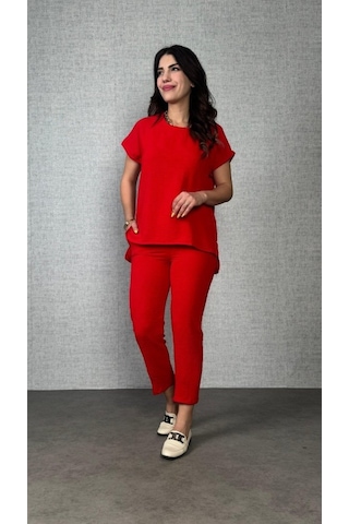 The İstanbul Kadın Kısa Kollu Yuvarlak Yaka Aerobin Bluz Ve Pantolon Ikili Takım Kırmızı