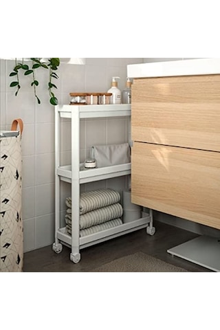 Tekerlekli Dikdörtgen 3 Katlı Raf Ünitesi - Banyo Mutfak Düzenleyici Organizer Raf - Modern Shelf Unit Beyaz Diğer