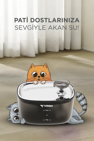 Torima Tpd-01 Siyah Otomatik Filtreli Kedi Köpek Su Pınarı Su Çeşmesi Ultra Sessiz Su Şelalesi