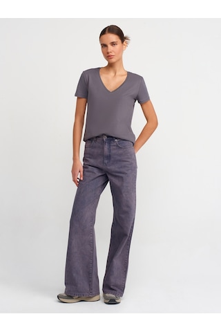 Dilvin V Yaka Basic T-shirt-füme Füme