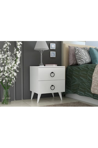 Komidin 2 Çekmeceli Beyaz Siyah Kulplu Konik Ayaklı Kurulu