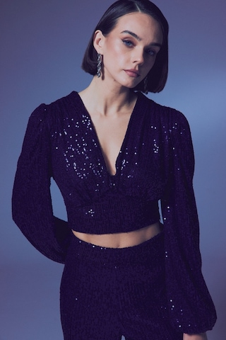 Sateen Kruvaze Payetli Crop Bluz - Lacivert-135344 Lacivert
