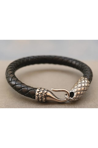 Sevgiliye Hediye Erkek Takı Seti İkili Kombin Deri Bileklik Ve Yılan Başlı Çelik Kolye Çelik