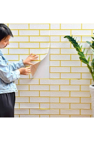 70x70cm 1 Adet Kendinden Yapışkanlı Gold Çizgili Altın Beyaz Tuğla Desen Duvar Kağıdı Paneli Nw176
