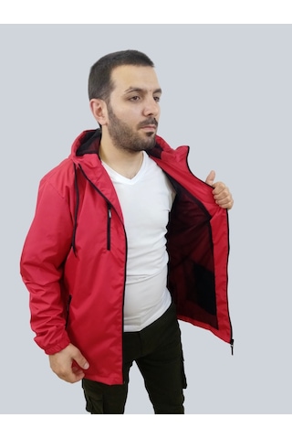 Erkek Kapüşonlu File Detaylı Kırmızı Yağmurluk Kırmızı