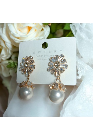 İnci Detaylı Küpe / Takma Yerleri Gümüş Gold - Gümüş