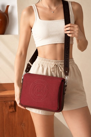 Just Polo Kadın Üç Bölmeli 3 Gözlü Lakoste Kumaş Çapraz Ve Omuz Çantası 29x20cm Bordo
