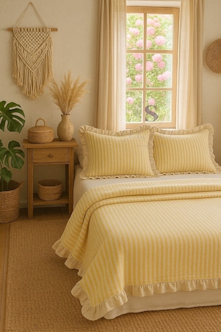 Sarı-bej % 100 Pamuk Fırfır İplik Boyalı Çift Kişilik Nevresim Takımı,modern Çizgili Nevresım Seti Sarı Bej