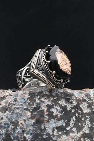 Hz. Ali Zülfikar Kılıcı Ve Hasbiyallah Yazılı Sıkma Kehribar Taşlı 925 Ayar Gümüş Yüzük 901997 Gümüş