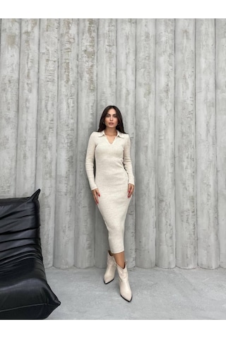 Msm Fashion Kadın Elbise Uzun Triko Kışlık Polo Yaka Likralı Kalem Elbise Bej