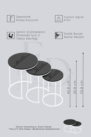Paris 3'lü C Zigon Sehpa Siyah Metal - Beyaz Mermer Tabla