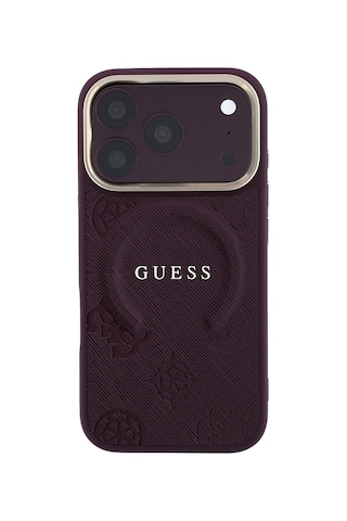 Apple iPhone Uyumlu 18 Pro Max Kılıf Guess Lisanslı M-safeli Baskılı Yazı Logolu C-magnet Pu Peony Kapak Bordo