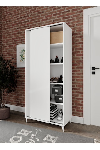 Sürgülü Çok Amaçlı Ayakkabı Dolabı, Ayakkabılık Beyaz