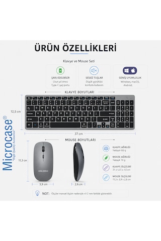 Microcase Bluetooth Ve 2.4g Şarj Edilebilir İnce Tasarım Kablosuz Klavye Mouse Seti + Silikon Klavye Koruması Al5724 Optik