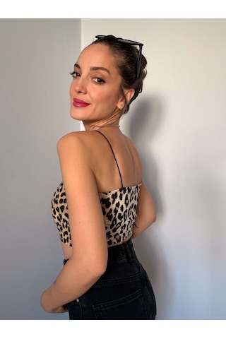 Ali Butik Leopar Desen İp Askılı Crop Atlet Leopar