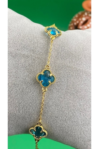Gold Renk Zirkon Taşlı Yonca Model Çelik Bileklik Mavi